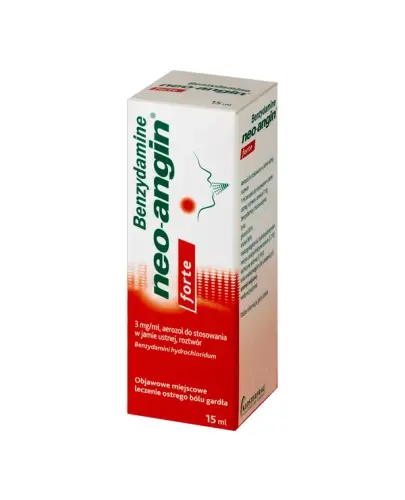 Benzydamine Neo-Angin Forte aerozol do stosowania w jamie ustnej, 15 ml - Do stosowania w objawowym miejscowym leczeniu ostrego bólu gardła