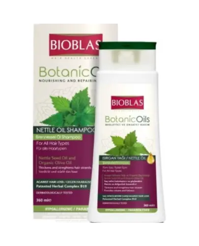 Bioblas Botanic Oils Pokrzywowy Szampon z olejem z nasion pokrzywy przeciw wypadaniu włosów, 360 ml - Szampon wzmacniający z pokrzywą, organiczną oliwą z oliwek oraz kompleksem ziołowym B19