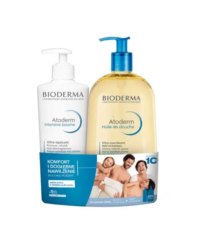 Bioderma Atoderm Zestaw, balsam kojący, 500 ml + nawilżający olejek do kąpieli i pod prysznic, 1 l - Do pielęgnacji skóry atopowej, suchej, bardzo suchej