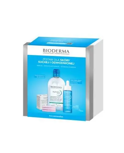 Bioderma Hydrabio H2O, 500 ml + Hyalu+ Serum, 30 ml + Glov płatki kosmetyczne, 3 sztuki - Zestaw do pielęgnacji skóry suchej i odwodnionej