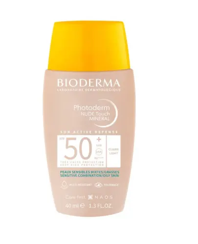 Bioderma Photoderm Nude Touch, podkład z filtrem SPF 50+ kolor jasny, 40 ml - Podkład z filtrem SPF 50+ łączy w sobie ochronę przeciwsłoneczną i działanie koloryzujące.