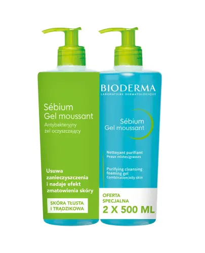 Bioderma Sebium Gel Moussant Antybakteryjny żel do mycia twarzy, 2 x 500 ml  - Usuwa zanieczyszczenia i nadaje efekt zmatowienia skóry