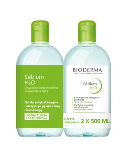 Bioderma Sebium H2O Woda micelarna, 2 x 500 ml - Antybakteryjna oczyszczająca woda micelarna do cery tłustej bez konieczności spłukiwania