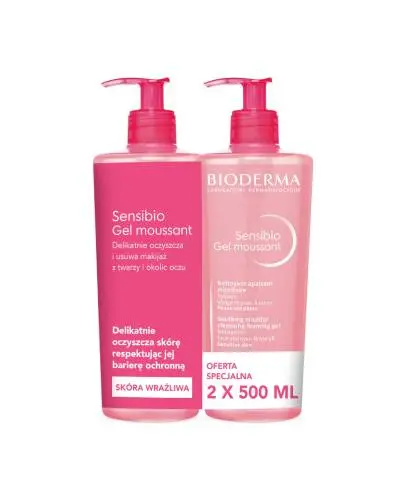 Bioderma Sensibio Zestaw Żel oczyszczający, 2 x 500 ml - Łagodzący żel micelarny do oczyszczania twarzy o działaniu nawilżającym