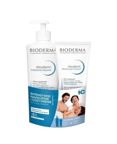 Bioderma Atoderm Zestaw Intensive Baume, balsam kojący 500 ml + Intensive Gel Moussant, żel 200 ml - Do pielęgnacji skóry suchej i atopowej