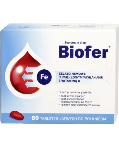 Biofer, 60 tabletek - Suplement diety w postaci tabletek z żelazem dla kobiet w ciąży, karmiących piersią, osób starszych i z niedoborem żelaza.  