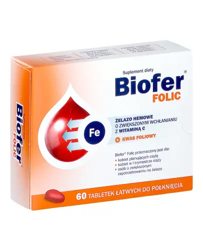 Biofer Folic, 60 tabletek - Suplement diety z żelazem z kwasem foliowym