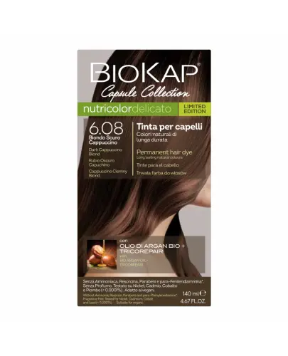 Biokap Nutricolor Delicato 6.08 Cappuccino ciemny blond, 140 ml - Farba do włosów bez amoniaku, rezorcyny, parabenów i PPD