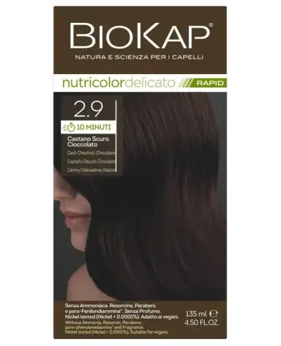 Biokap Nutricolor Delicato Rapid 2.9 Ciemny czekoladowy kasztan, 140 ml - Farba do włosów na bazie naturalnych składników, bez amoniaku, rezorcyny, parabenów i PPD. Kolor w 10 minut.