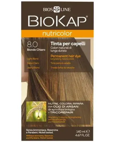 Biokap Nutricolor 8.0 Jasny blond, 140 ml - Farba  koloryzująca do włosów bez amoniaku, rezorcyny, parabenów