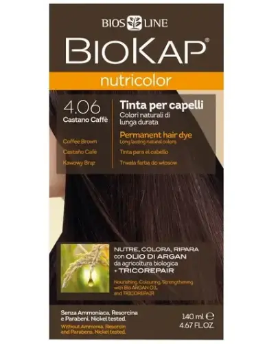 Biokap Nutricolor 4.06 kawowy brąz, 140 ml - Farba do włosów na bazie naturalnych składników,  bez amoniaku, rezorcyny, parabenów