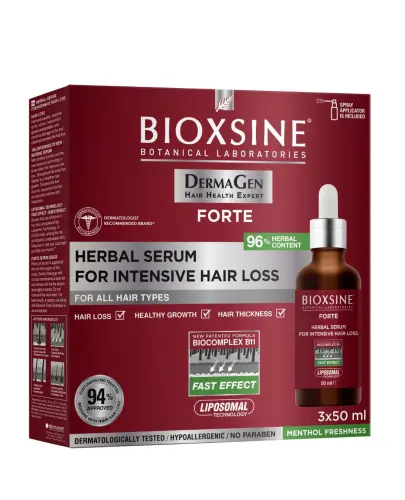 Bioxsine DermaGen Forte, Serum do skóry głowy przeciw silnemu wypadaniu włosów, 3 x 50 ml - Wspomaga wzrost, rewitalizuje, wzmacnia cebulki