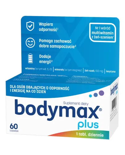 Bodymax plus, 60 tabletek  - Kompleks witamin i minerałów z żeń-szeniem, który zmniejsza uczucie zmęczenia oraz poprawia samopoczucie dla dorosłych.