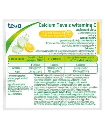 Calcium Teva z witaminą C, 14 tabletek musujących - Tabletki musujące zawierające mleczan wapnia oraz kwas L-askorbinowy