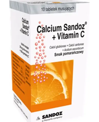 Calcium Sandoz + Vitamin C, 10 tabletek musujących - Tabletki musujące do rozpuszczania i picia zawierające wapń i witaminę C