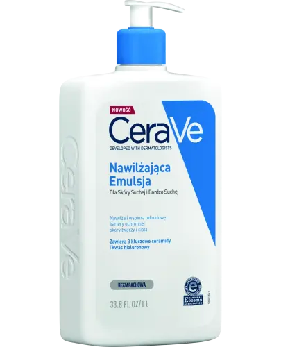 Cerave Nawilżająca Emulsja, 1000 ml - Lekki balsam z ceramidami i kwasem hialuronowym do twarzy i ciała