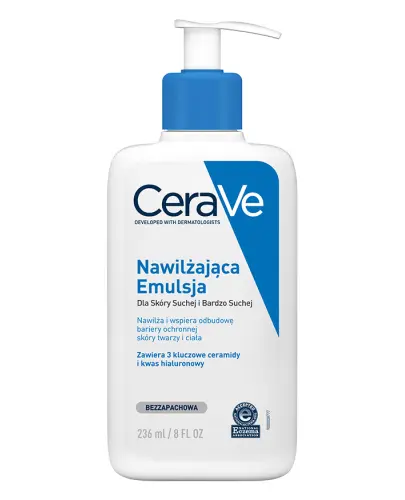 CeraVe Nawilżająca emulsja dla skóry suchej i bardzo suchej, 236 ml - Nawilża i wspiera odbudowę bariery ochronnej skóry twarzy i ciała