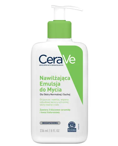 CeraVe Nawilżająca emulsja do mycia dla skóry normalnej i suchej, 236 ml - Delikatnie oczyszcza i nawilża cerę suchą i normalną