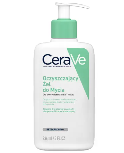 CeraVe Oczyszczający żel do mycia dla skóry normalnej i tłustej, 236 ml - Oczyszcza i usuwa nadmiar sebum, nie naruszając bariery ochronnej skóry i ciała