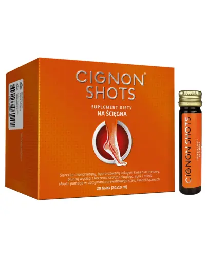 Cignon shots, 20 fiolek po 10 ml - Z wyciągiem z korzenia Curcuma Longa wspomaga  funkcjonowanie ścięgien i więzadeł