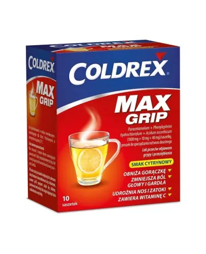 Coldrex Max Grip saszetki, 10 sztuk - Lek, który jest wskazany do krótkotrwałego, objawowego leczenia grypy lub przeziębienia