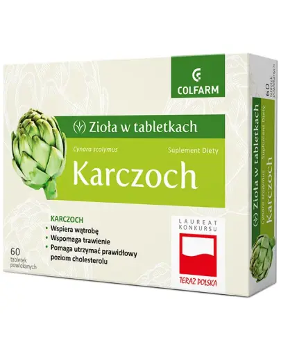 Colfarm Karczoch, 60 tabletek powlekanych - Suplement diety z wyciągiem z karczocha, który wspomaga funkcjonowanie układu pokarmowego oraz trawienie tłuszczów