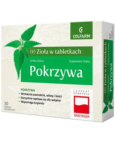 Colfarm Pokrzywa, 30 tabletek powlekanych - Pomaga wzmocnić paznokcie, włosy i kości