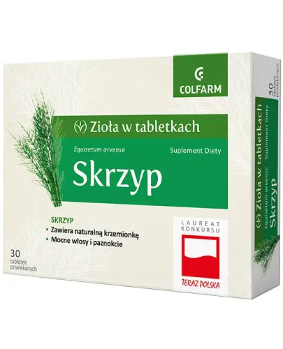 Colfarm Skrzyp, 30 tabletek powlekanych  - Suplement diety z wyciągiem ze skrzypu polnego, który wspomaga wzrost włosów i pomaga wzmacniać kondycję paznokci. 