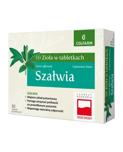 Colfarm Szałwia, 30 tabletek powlekanych - Suplement diety z wyciągiem z ziela szałwii, który wspiera zdrowie układu pokarmowego.