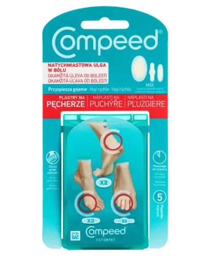 Compeed plastry na pęcherze, mix, 5 sztuk - Zapewniają ulgę w bólu, chronią pęcherz i sprzyjają procesowi gojenia