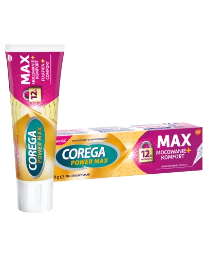 Corega Power Max Mocowanie + Komfort, 40 g - Krem mocujący do protez. Neutralny smak.