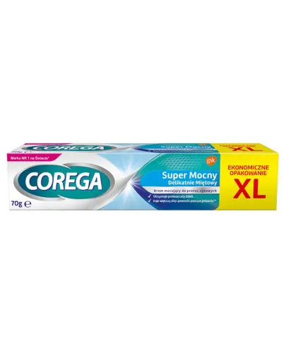 Corega Super Mocny Delikatnie Miętowy XL, 70 g - Supermocny, miętowy krem mocujący do protez zębowych