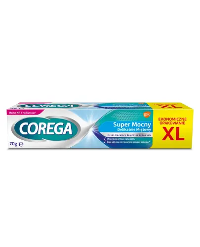 Corega Super Mocny XL, krem mocujący do protez zębowych, delikatnie miętowy, 70 g - Stabilizuje, zabezpieczenia utrzymanie funkcji protez zębowych