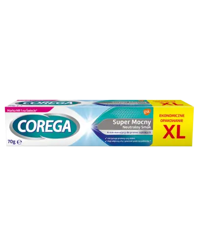 Corega Super Mocny XL, krem mocujący do protez zębowych, neutralny 70 g - Stabilizuje, zabezpieczenia utrzymanie funkcji protez zębowych