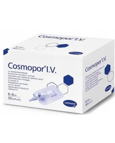 Cosmopor I.V. opatrunek jałowy 8 cm x 6 cm, 50 sztuk - Samoprzylepny opatrunek z wcięciem, do mocowania kaniul 