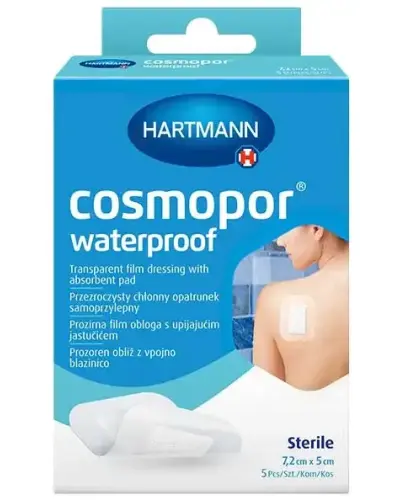 Cosmopor waterproof opatrunki 7,2 cm x 5 cm, 5 sztuk - Wodoodporny, przezroczysty opatrunek na rany i skaleczenia