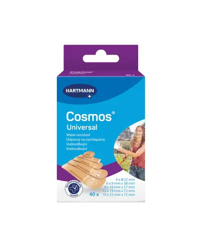 Cosmos Water-Resistant Universal, 40 sztuk - 40 plastrów z opatrunkiem w 5 różnych kształtach