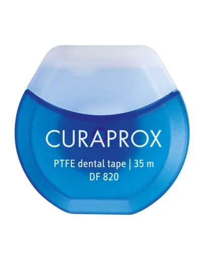 Curaprox DF 820 Taśma dentystyczna powleczona teflonem, 35 m - Precyzyjne oczyszczanie przestrzeni międzyzębowych