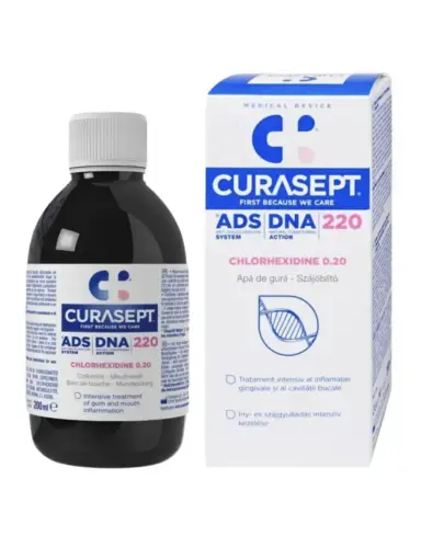 Curasept ADS DNA 220 0,2% Chlorhexidine Płyn do płukania jamy ustnej, 200 ml - Jako środek wspomagający leczenie zapalenia dziąseł i jamy ustnej