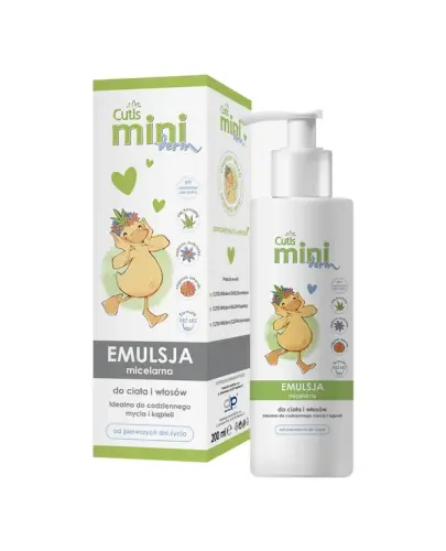 Cutis Mini Derm emulsja micelarna do ciała i włosów, 200 ml - Niskopieniąca, micelarna formuła emulsji nie narusza bariery ochronnej skóry, nie szczypie w oczy.