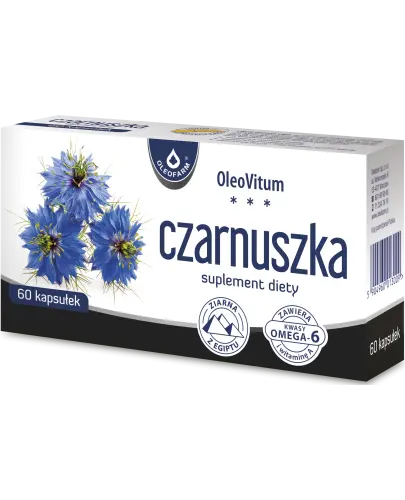 Czarnuszka OleoVitum Oleofarm, 60 kapsułek - Suplement diety z olejem z nasion czarnuszki egipskiej, bogaty m.in. w kwasy omega-6 oraz wzbogacony o witaminę A