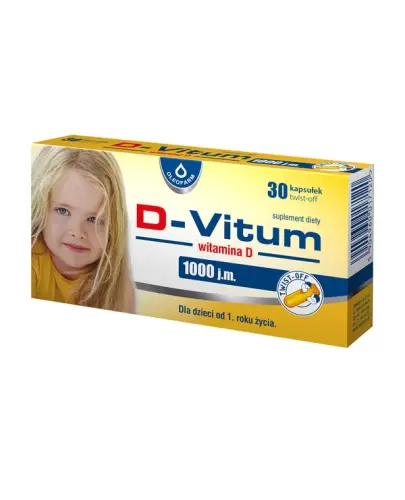 D-Vitum 1000 j.m. Oleofarm, 30 kapsułek twist-off  - Suplement  z witaminą D3. Kapsułki twist-off dla dzieci od 1. roku życia.