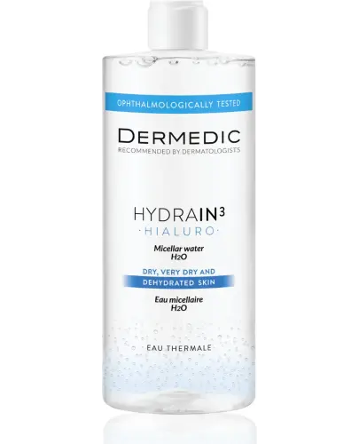 Dermedic Hydrain3 Hialuro płyn micelarny H2O, 500 ml - Z kwasem hialuronowym i kompleksem Hydroveg VV zmywa makijaż i usuwa zanieczyszczenia