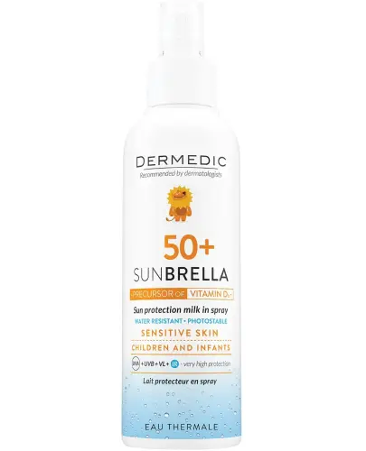 Dermedic Sunbrella Mleczko ochronne dla dzieci, SPF 50+, spray, 150 ml - Mleczko ochronne dla dzieci powyżej 6. miesiąca, do wrażliwej skóry twarzy i ciała