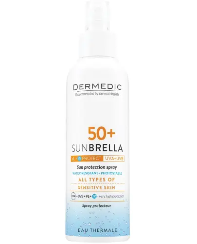 Dermedic Sunbrella Spray ochronny SPF50+, 150 ml - Spray z wodą termalną do skóry narażonej na promienie słoneczne