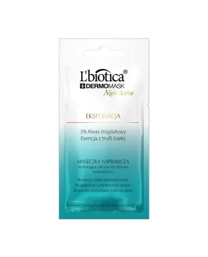 L'biotica Dermomask Night Active Eksfoliacja Maseczka naprawcza, 12 ml - Zawiera 3% kwasu migdałowego, który w łagodny i bezpieczny sposób pobudza odnowę komórkową skóry