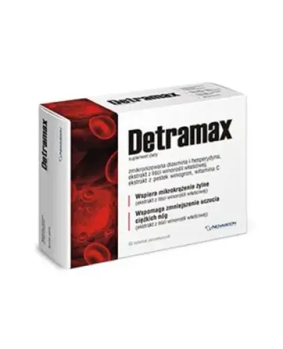 Detramax, 60 tabletek powlekanych - Suplement diety z diosminą i hesperydyną w postaci zmikronizowanej, które korzystnie wpływają na prawidłowe funkcjonowanie naczyń krwionośnych