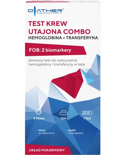 Diather Test Krew utajona Combo Hemoglobina + Transferyna, 1 sztuka - Test do wykrywania hemoglobiny i transferyny w kale