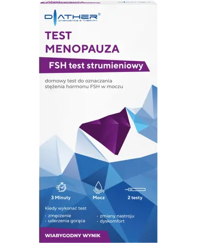 Diather Test Menopauza FSH, strumieniowy, 2 sztuki - Domowy test do oznaczania stężenia hormonu FSH w moczu