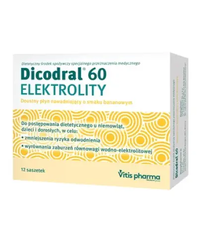 Dicodral 60, elektrolity o smaku bananowym, 12 saszetek -  Proszek, do przygotowania roztworu,  wskazany w celu zmniejszenia ryzyka odwodnienia.